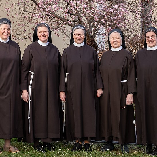 Foto mit fünf Ordensfrauen der Elisabethinen stehend nebeneinander vor einem blühenden Baum